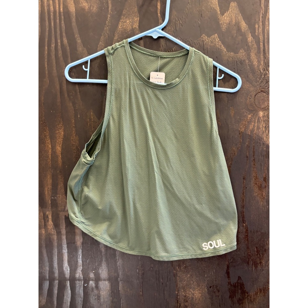 SoulCycle Lululemon Olive Green Mesh Muscle Tank Top Crossover Back SOUL Logo
